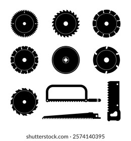 Set of Saw Blade and Hand Saw Silhouettes Vector Illustration. This vector illustration features a diverse collection of black silhouettes of various saw blades and hand saws.