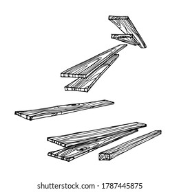 set of a sawing wooden boards, industrial goods for construction, vector illustration with black ink contour lines isolated on a white background in a doodle & hand drawn style