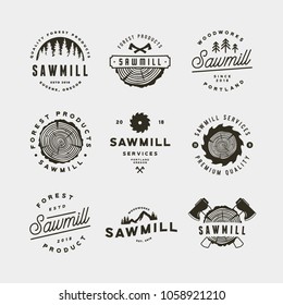 set of sawmill logos. retro styled woodwork emblems, badges, design elements, logotype templates. vector illustration