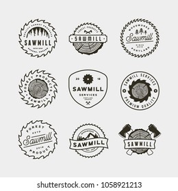 set of sawmill logos. retro styled woodwork emblems, badges, design elements, logotype templates. vector illustration