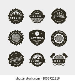 set of sawmill logos. retro styled woodwork emblems, badges, design elements, logotype templates. vector illustration