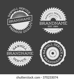 Set of sawmill logotype white isolated on black background. Stamps, banners and design elements. Wood work and manufacture label templates. Vector illustration