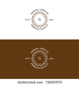 Set of sawmill service logo with saw isolated on background for carpentry service and woodwork label. Stamps, banners and design elements. Wood work and manufacture label template. Vector illustration