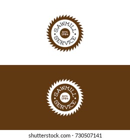 Set of sawmill service logo with saw isolated on background for woodwork and carpentry service. Stamps, banners and design elements. Wood work and manufacture label template. Vector illustration