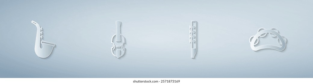 Set Saxophone, Violin, Flute and Tambourine. Paper art style. Vector