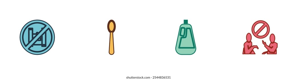 Set Say no to plastic bags poster, Disposable spoon, Bottle for dishwashing liquid and Stop pollution icon. Vector