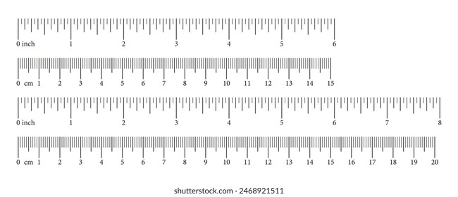 Set of scale with 15, 20 centimeter, 6, 8 inches  with markup and numbers. Measuring charts of metric, imperial units. Collection of distance, height, length measurement tool templates. Sewing tool.