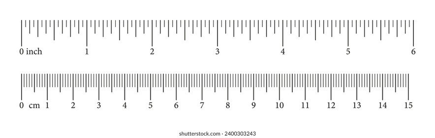 Set of scale with 6 inch, 15 centimeter with markup and numbers. Measuring charts of metric, imperial units. Collection of distance, height, length measurement tool templates. Sewing tool. Vector.