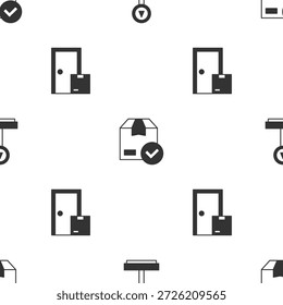 Set Scale, Paket-Box mit Häkchen und Home Delivery Services auf nahtlose Muster. Vektorgrafik