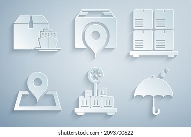 Set Scale with cardboard box, Cardboard boxes on pallet, Placeholder map, Umbrella and rain drops, Location and Cargo ship icon. Vector