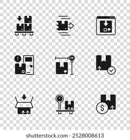 Set Scale with cardboard box, Carton, Cardboard measurement, Online app delivery tracking, boxes pallet,  and Home services icon. Vector