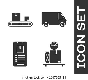 Set Scale with cardboard box , Conveyor belt with cardboard box , Mobile phone with app delivery tracking  and Delivery cargo truck vehicle  icon. Vector