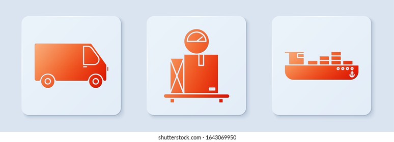 Set Scale with cardboard box , Delivery cargo truck vehicle  and Cargo ship with boxes delivery service . White square button. Vector
