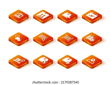 Set Scale with cardboard box, Delivery security shield, truck and clock, Search barcode, Package check mark, Barcode, Placeholder on map and gift icon. Vector