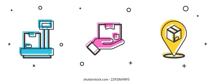 Ajuste Escalar con caja de cartón, Mano de entrega e icono Ubicación. Vector