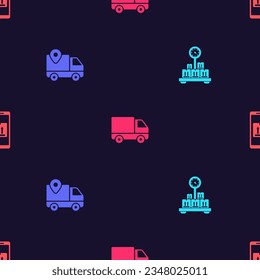 Set Scale with cardboard box, Delivery tracking, cargo truck vehicle and Mobile app on seamless pattern. Vector