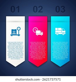 Set Escala con caja de cartón, camión de entrega y reloj y cajas. Plantilla de infografía de negocios. Vector