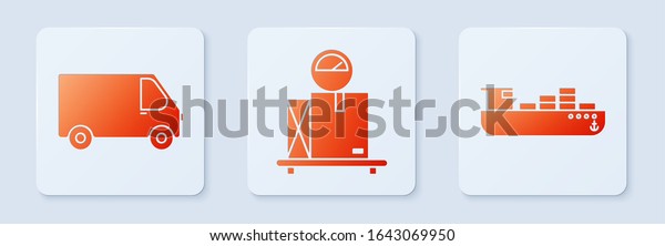 Set Scale with cardboard box , Delivery cargo\
truck vehicle  and Cargo ship with boxes delivery service . White\
square button. Vector