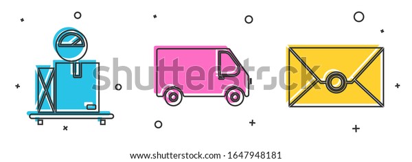 Set Scale with cardboard box ,\
Delivery cargo truck vehicle  and Envelope  icon.\
Vector