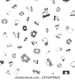 Set Scale with cardboard box, Forklift truck, Delivery cargo and Location on seamless pattern. Vector