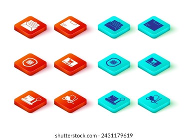 Set Scale with cardboard box, Forklift truck, Delivery security shield, Shopping cart on laptop, Carton and Envelope icon. Vector