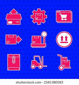 Set Scale with cardboard box, Forklift truck, Hand and boxes, This side up, Envelope, Carton, Online shopping screen and  icon. Vector