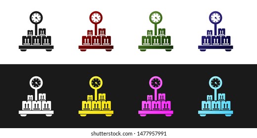 Set Scale with cardboard box icon isolated on black and white background. Logistic and delivery. Weight of delivery package on a scale.  Vector Illustration