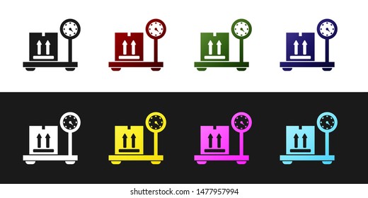 Set Scale with cardboard box icon isolated on black and white background. Logistic and delivery. Weight of delivery package on a scale.  Vector Illustration
