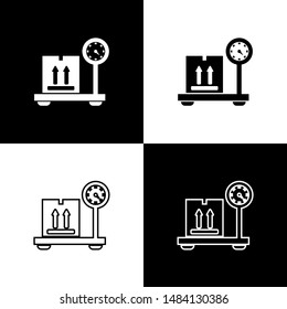 Set Scale with cardboard box icon isolated on black and white background. Logistic and delivery. Weight of delivery package on a scale.  Vector Illustration