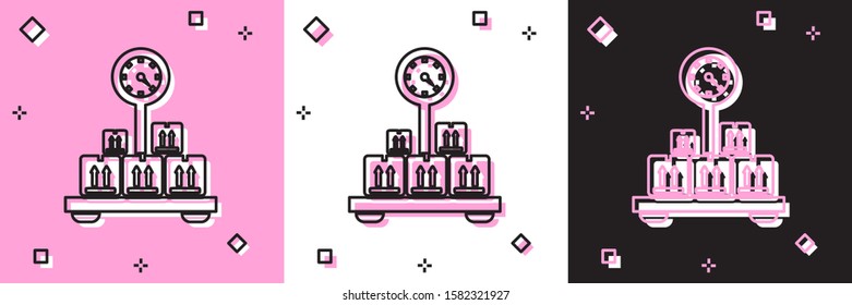 Set Scale with cardboard box icon isolated on pink and white, black background. Logistic and delivery. Weight of delivery package on a scale.  Vector Illustration