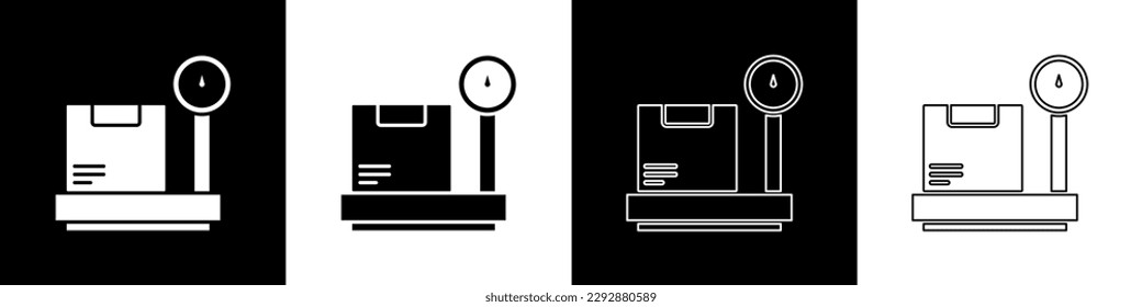 Ajuste la escala con el icono de la caja de cartón aislado en fondo blanco y negro. Logística y entrega. Peso del paquete de entrega en una escala.  Ilustración vectorial