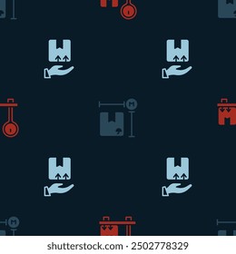 Set Scale with cardboard box, Cardboard measurement and Delivery hand on seamless pattern. Vector