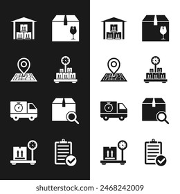 Set Escala con caja de cartón, Placeholder en mapa, Almacén, Entrega de contenido frágil, camión y cronómetro, paquete de Búsqueda, Verificación de lista de entrega e ícono. Vector