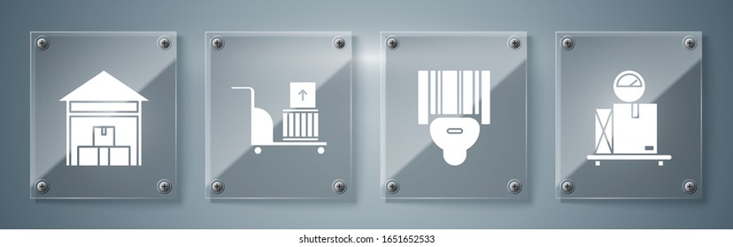 Set Scale with cardboard box , Scanner scanning bar code , Electric hand truck and boxes  and Warehouse . Square glass panels. Vector