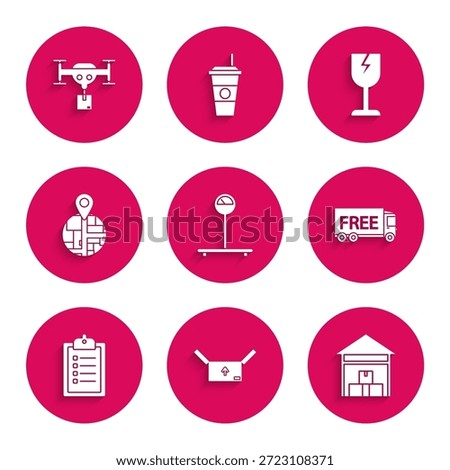 Set Scale, Cardboard box with traffic symbol, Warehouse, Free delivery service, Verification of list clipboard, , Fragile broken glass and Delivery drone the package icon. Vector
