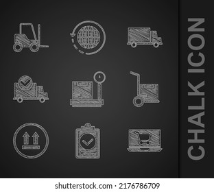 Set Scale with cardboard box, Verification of delivery list clipboard, Shopping cart laptop, Hand truck and boxes, This side up, Delivery check mark, cargo vehicle and Forklift icon. Vector