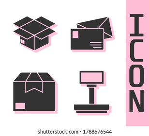 Set Scale, Carton cardboard box, Carton cardboard box and Envelope icon. Vector