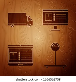 Ajustar escala , Vehículo de coche de carga de entrega , Portátil con seguimiento de entrega de aplicaciones y monitor de ordenador con seguimiento de entrega de aplicaciones en fondo de madera. Vector