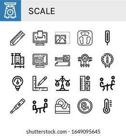 Set of scale icons. Such as Scale, Ruler, Responsive, Resize, Bathroom scale, Thermometer, Measure, Measure tape, Gauge, Rulers, Seesaw, Tape, Weight , icons