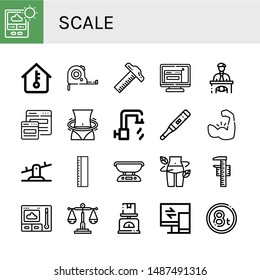 Set of scale icons such as Thermometer, Temperature, Measuring tape, Ruler, Resize, Eyewitness, Responsive, Hula hoop, Hot water, Muscle, Seesaw, Scale, Diet, Measuring , scale