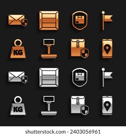 Set Scale, Location marker, Mobile with app delivery tracking, Envelope shield, Weight, Delivery pack security,  and Wooden box icon. Vector