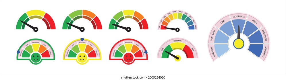 conjunto de medidor de escala, velocímetro, tacómetro, medidor de nivel de diseño gráfico vectorial.