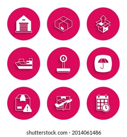 Set Scale, Plane and cardboard box, Cardboard with calendar, Delivery package umbrella, security shield, Cargo ship boxes delivery, Unboxing and Warehouse icon. Vector