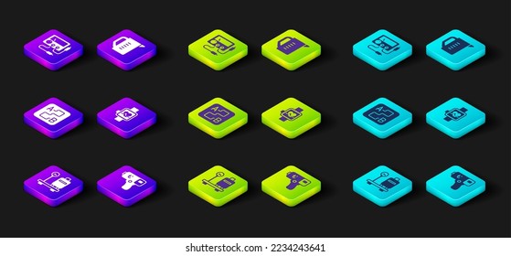 Set Scale with suitcase, Digital thermometer, Route location, Smart watch, Measuring cup and Multimeter, voltmeter icon. Vector