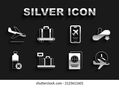 Set Scale with suitcase, Escalator down, Flight time, Passport, No water bottle, Mobile ticket, Plane landing and Conveyor belt icon. Vector