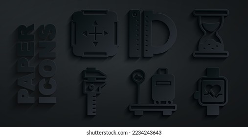 Skalieren Sie mit Koffer, Old-Stundenglas-Sand, Kaliber- oder Kaliber-Skala, Smart-Uhr, Protractor-Lineal und Area-Messsymbol. Vektorgrafik