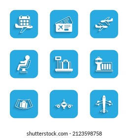 Set Scale with suitcase, Plane, Airport control tower, Conveyor belt, Human waiting in airport terminal,  and Calendar and airplane icon. Vector