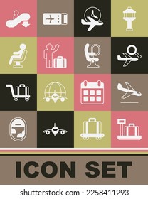 Set Scale with suitcase, Plane landing, Airplane search, Flight time, Tourist, Human waiting airport terminal, Escalator down and seat icon. Vector