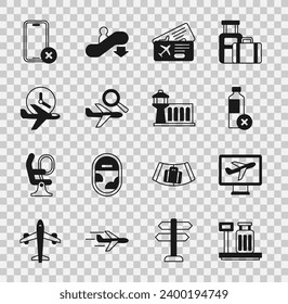 Set Scale with suitcase, Plane, No water bottle, Airline ticket, Airplane search, Flight time, cell phone and Airport control tower icon. Vector