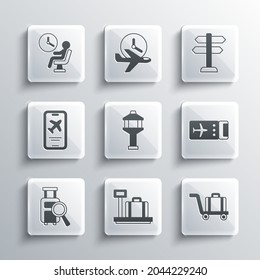 Set Scale with suitcase, Trolley baggage, Airline ticket, Airport control tower, Lost, Mobile, Human waiting airport terminal and Road traffic sign icon. Vector